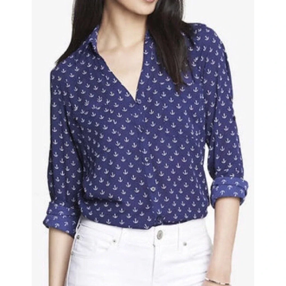 Express Portofino Anchor Nautical Print Shirt Size Xsmall Roll Tab Sleeve